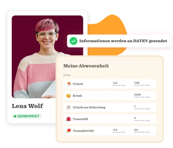 Lena Wolf's profile with absence details, including vacation days, sick leave, and team activities. Approval status shown. Lena Wolf, Abwesenheit Übersicht