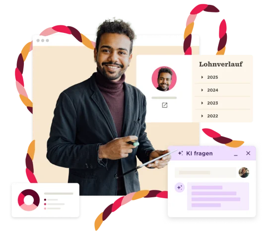 man holding a tablet with profile information and chat interface; vibrant background elements enhance digital theme, professional male smiling with design elements