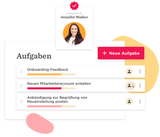Aufgabenliste mit Profilbild, Aufgabenstatus und neuen Aufgabenoptionen für effizientes Teammanagement, Aufgabenmanagement mit Jennifer Walker, Fortschrittsanzeigen und neue Aufgabenoption.