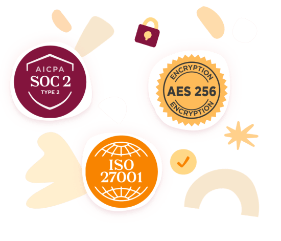 SOC 2 Type 2 and ISO 27001 certifications with AES 256 encryption, emphasizing security and compliance standards., security, certification