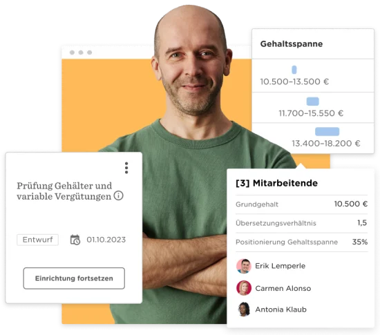 Mann in grünem Shirt mit Gehaltsanalyse-Interface, zeigt Gehaltsspannen und Mitarbeitende., Gehaltsprüfung, Mitarbeitende