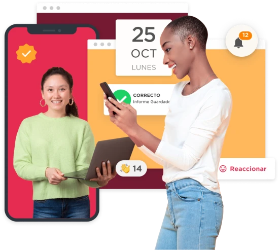 young woman holding a laptop, woman checking phone notifications with colorful backgrounds on a digital interface