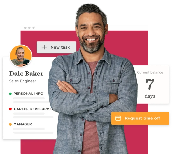 professional man smiling with crossed arms, user interface elements with personal info and balance of 7 days, sales engineer profile with task management features and request time off option
