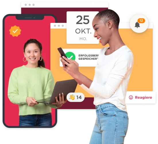 woman, smiling, phone, laptop, calendar, notifications