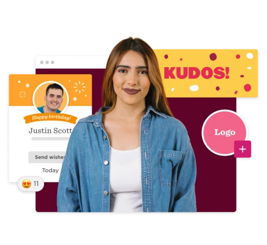 birthday celebration, woman smiling with birthday messages and colorful design elements