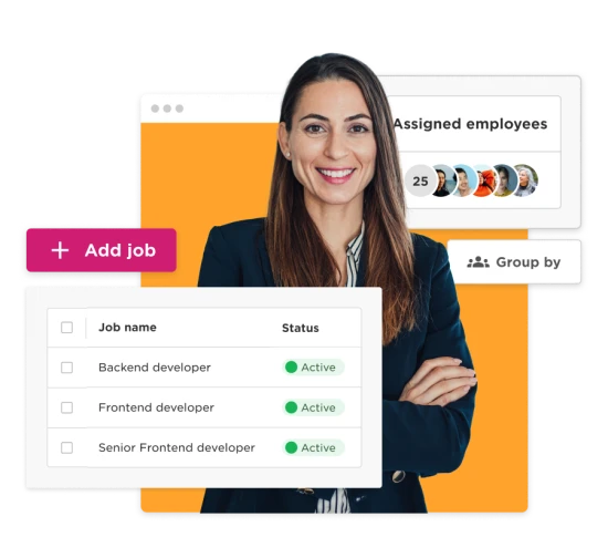 job management interface, professional woman smiling with active job status for developers