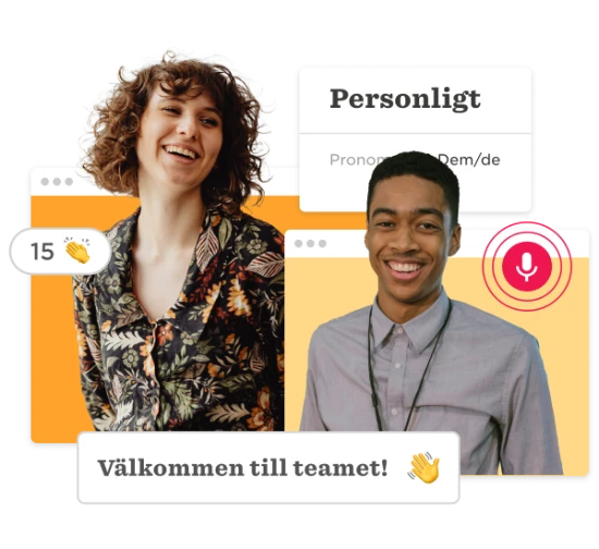 diverse team members smiling with welcoming text, personal pronouns displayed, light-hearted and friendly atmosphere, team introduction graphic with vibrant colors and engagement icons