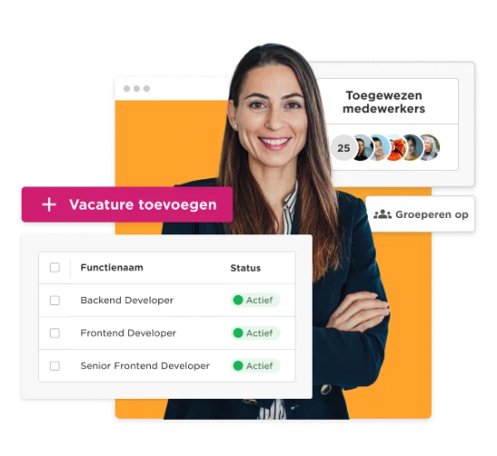 vakature toevoegen interface, active job positions for developers with a professional woman in a business setting