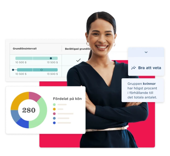data visualization, professional woman smiling with graphs and charts illustrating salary data and gender distribution statistics