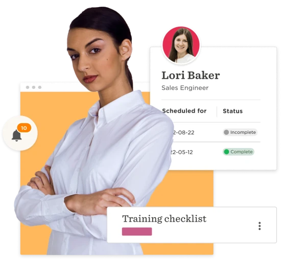 sales engineer profile with training checklist and notification alert, woman in white shirt standing confidently with crossed arms
