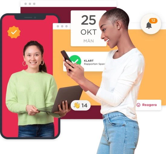 smiling woman with laptop and phone, vibrant interface backdrop displaying notifications and calendar dates, colorful tech communication scene