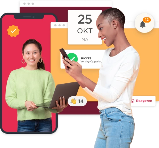 person holding laptop and phone, notification interface with date and success message