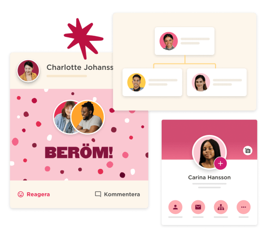 Charlotte Johansson's profile with vibrant design, featuring the word "BERÖM!" and user interaction options., Colorful profile layout with user connections and engaging design elements.
