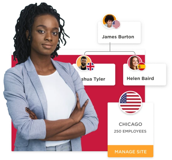 professional woman with crossed arms, Chicago location info, team members include Joshua Tyler, James Burton, and Helen Baird, professional woman, team management, Chicago location, diverse team members