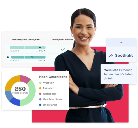 professional woman smiling, salary statistics gender breakdown with charts and graphs
