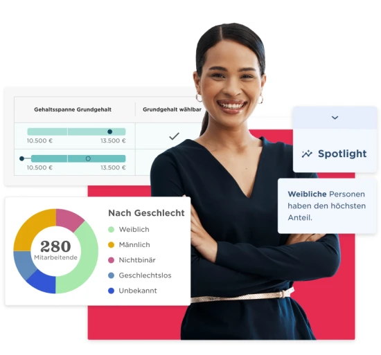 professional woman smiling, salary statistics gender breakdown with charts and graphs