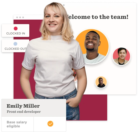 welcome to the team, Emily Miller front end developer with clock in/out indicators and team member highlights