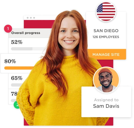 woman with red hair wearing a yellow sweater, progress indicators, San Diego site info, manage site button, employee profile Sam Davis