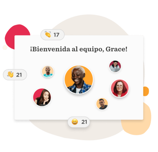 ¡Bienvenida al equipo, Grace!, Equipo celebrando con saludos y reacciones en una imagen vibrante y colorida.