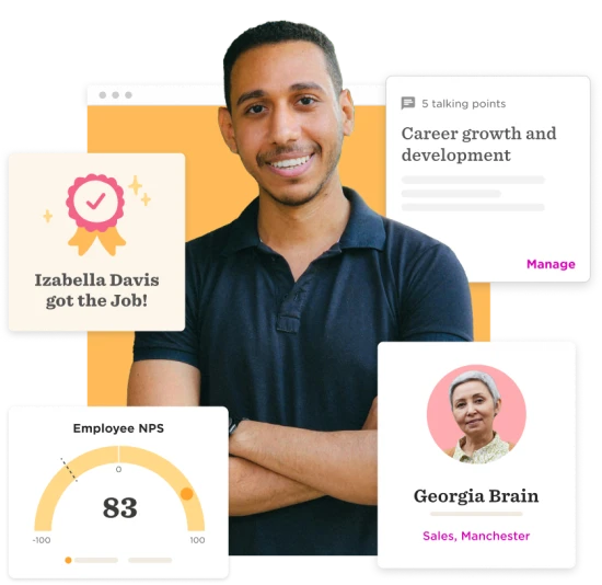 person smiling, career growth achievements and employee engagement metrics