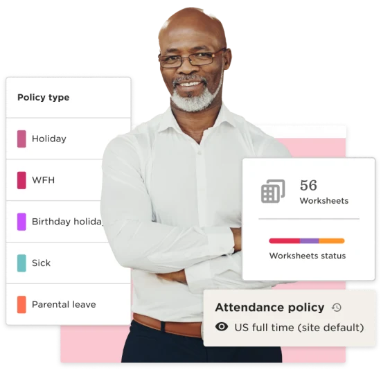 policy overview, man in white shirt smiling with attendance policy and worksheets status displayed on the side