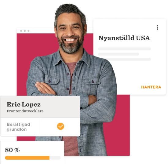 Eric Lopez, frontend developer, smiling with crossed arms, displaying progress bar and digital UI elements, Engaging professional profile with user achievement metrics and vibrant background