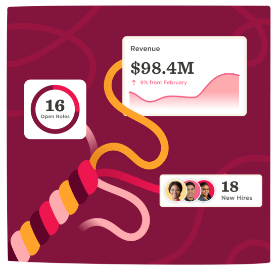 16 Open Roles, $98.4M Revenue, 18 New Hires, and growth graphic on vibrant red background with abstract design., OpenRoles, NewHires