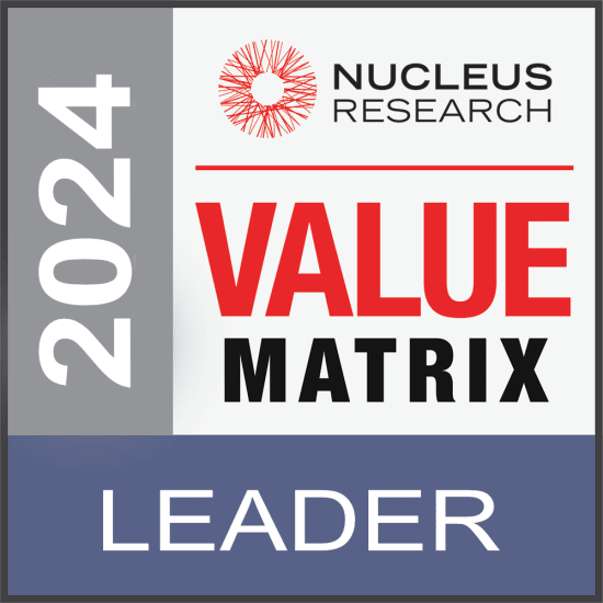 Nucleus Research 2024 Value Matrix Leader badge featuring bold red and blue text on a grey background, Award recognition for value and leadership