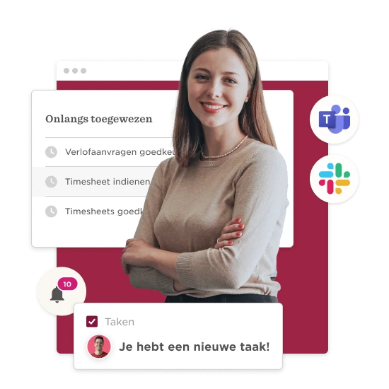 vrouw in sweater met glimlach voor scherm met takenlijst en meldingen waaronder Teams en Slack logo's, professionele omgeving voor taakbeheer