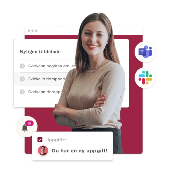 woman smiling with crossed arms, notifications from Teams and Slack, modern workspace setup, smiling woman, digital notifications, office workspace