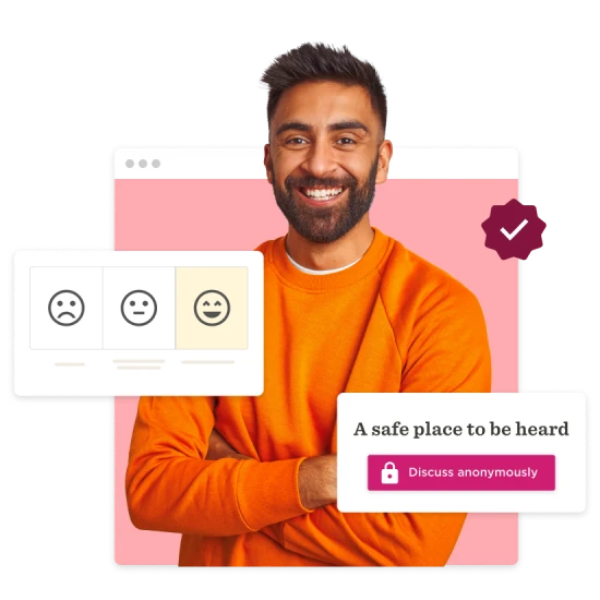 smiling man in orange sweater promoting emotional feedback and safe discussions, feedback interface with happy face icon