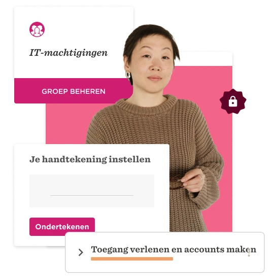 IT permissions management interface with a woman in a sweater, showcasing features like signature setup and access control. IT, permissions, management