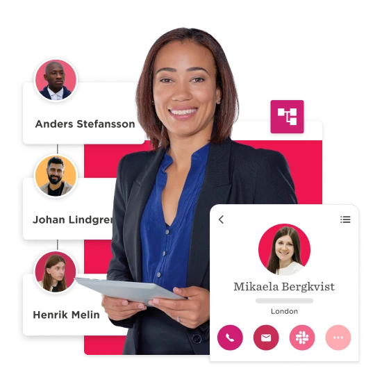 professional woman smiling with tablet, displayed contacts, modern interface showcasing users and communication options, business networking and communication technology