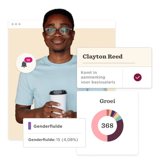 Clayton Reed holds a coffee cup, surrounded by personal metrics like growth and gender fluidity stats. Professional context shown. alt1:Clayton_Reed_personal_metrics_growth_gender_fluidity, alt2:man_holding_coffee_cup_data_display_background