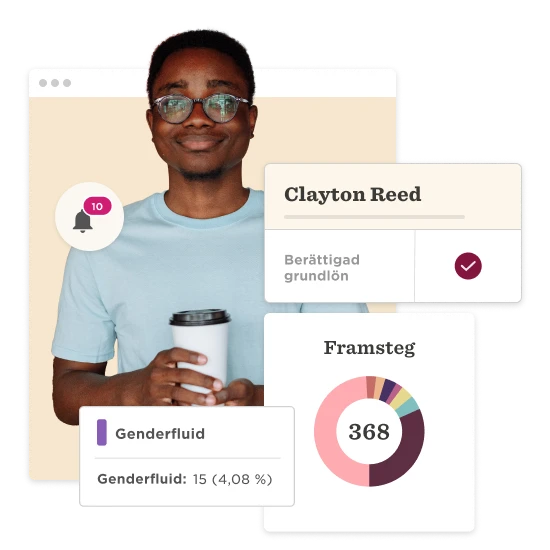 Clayton Reed holding a coffee cup, displaying genderfluid identity and engagement stats on a digital interface. genderfluid, digitalinterface