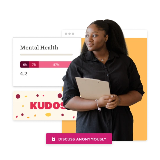 Mental health discussion with a chart, a young woman holding a clipboard, and "Kudos" highlight for engagement. , mental-health, kudos