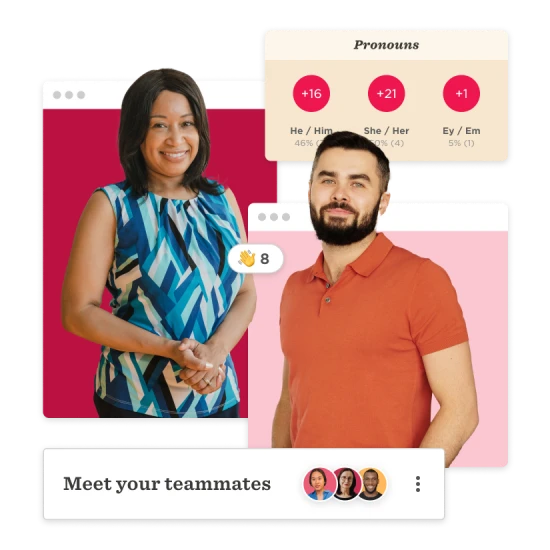 team members smiling, showcasing pronouns and welcoming interaction in a colorful, engaging design, team introduction with diverse representation