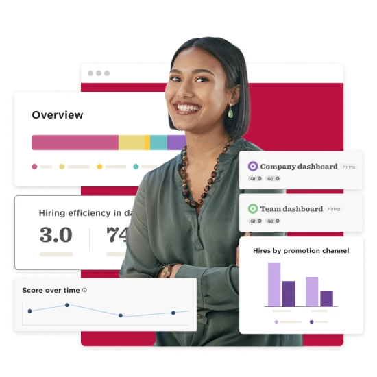 professional woman smiling with hiring dashboards and analytics on screen, hiring efficiency metrics and scores displayed