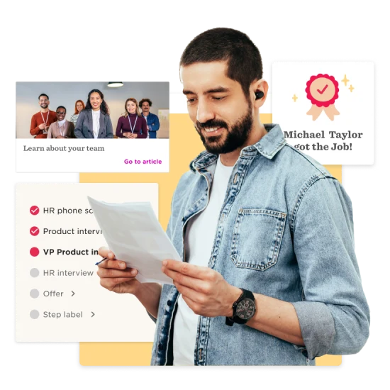 man reading document with HR team highlights and achievement badge, HR process overview with team photo and job success message