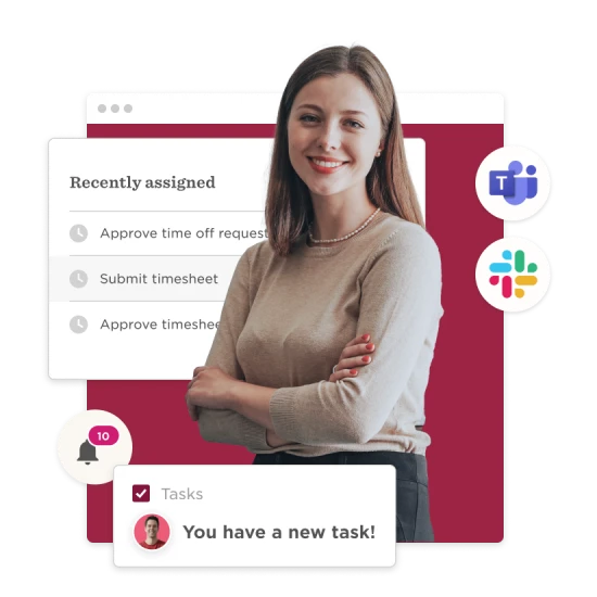 professional woman smiling with task notifications, digital interface showing recent assignments and collaboration apps, recent tasks notifications, professional interface elements, teamwork apps