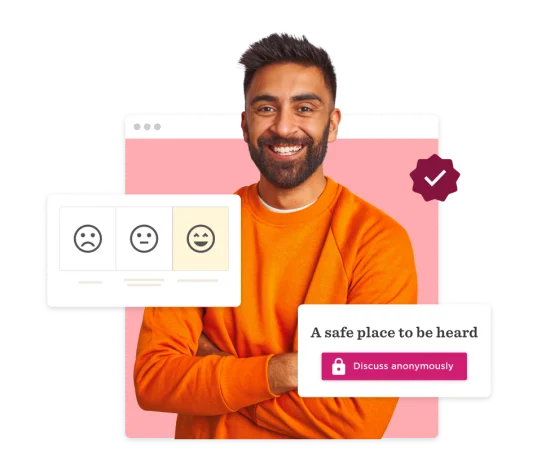 smiling man in orange sweater promoting emotional feedback and safe discussions, feedback interface with happy face icon