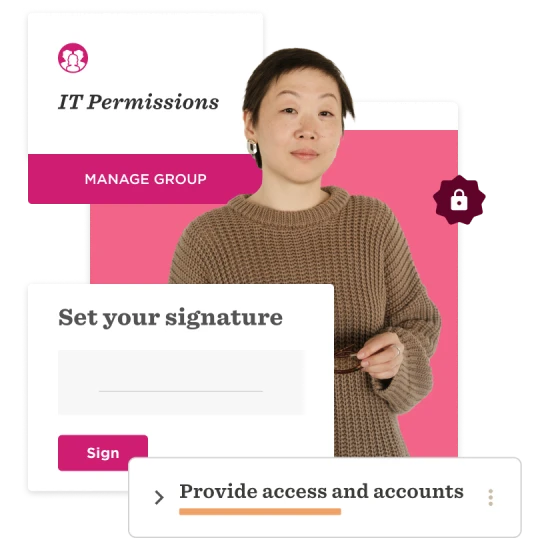 IT permissions management interface with a woman in a brown sweater, highlighting signature setup and access options. , ITPermissions, SignatureSetup