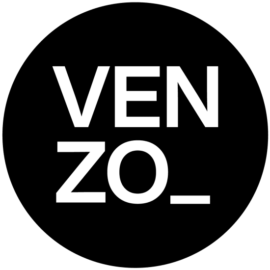 VENZO logo on a bold black background featuring modern typography in white, emphasizing brand identity and style., modern logo, branding design