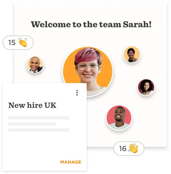 welcome team Sarah, new hire UK announcement and smiling faces in a vibrant team introduction layout