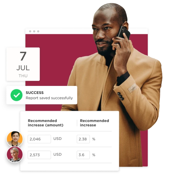 businessman talking on phone, success report and financial recommendations displayed on screen