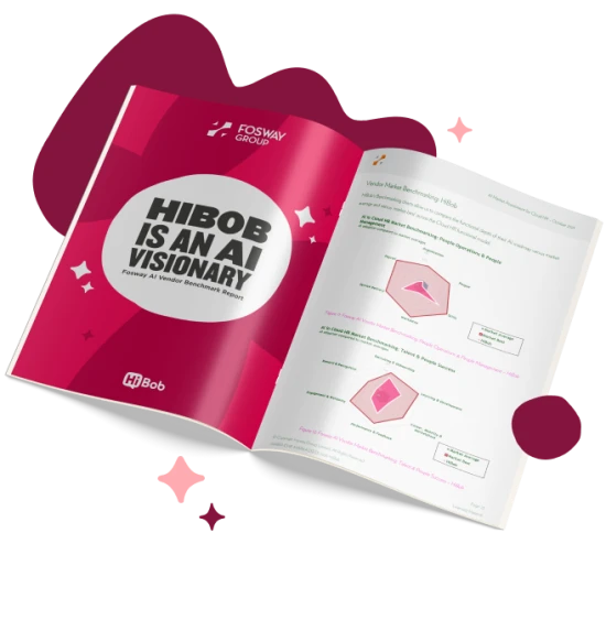 Hibob AI Vendor Benchmark Report shows insights with pink and white graphics on a branded cover. , Hibob, FoswayGroup
