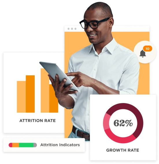 person analyzing data on tablet with charts on attrition and growth rates, visual representation of business metrics and analytics