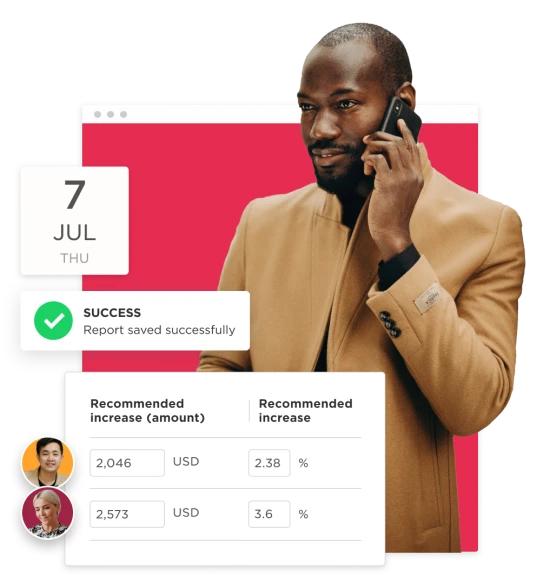 successful report saving, businessman on phone discussing financial recommendations