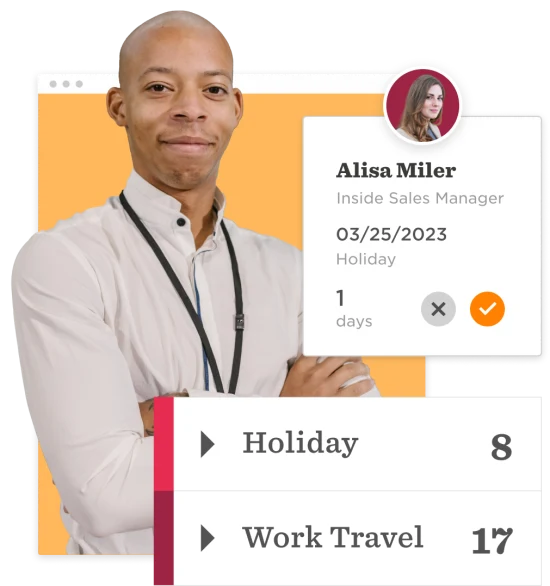 Holiday planning interface showcasing a smiling professional with calendar details and vacation metrics., Smiling professional in a holiday planning UI with vacation stats and a calendar.