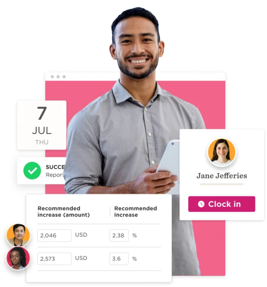 man smiling with phone, statistics on productivity increase, user dashboard interface, employee performance insights, task management